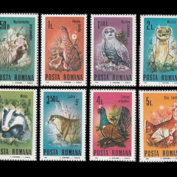 Protected Animals, 1985 Romania Postage Stamps / Arctic Owl, True Partridge, Badger, Otter, Wood Grouse, Raccoon Dog, Great Bustard, Marten