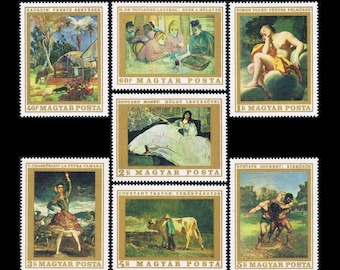 Famosos pintores franceses en el Museo de Budapest / Sellos postales de Hungría de 1969 / Toulouse-Lautrec, Manet, Gauguin, Courbet / Material para diarios de recortes