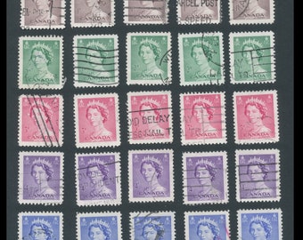 100 Vintage Queen Elizabeth Postage Stamps / 1953 Canada / Karsh Portrait / Blue, Green, Purple, Brown, Red / Huge Lot for Decoupage, Crafts