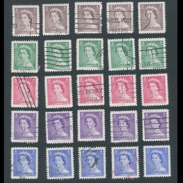 100 Vintage Queen Elizabeth Postage Stamps / 1953 Canada / Karsh Portrait / Blue, Green, Purple, Brown, Red / Huge Lot for Decoupage, Crafts