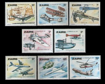 Aviation History on 1978 Vintage Zaire Postage Stamps / Conquering the Air Series / Spirit of St. Louis, Concorde, DC10, Clipper, da Vinci