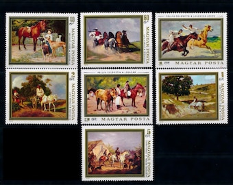 Pinturas de caballos famosos en sellos postales grandes / Hungría antigua / Material para revistas de arte, adornos para libros modificados, materiales para collage / Nuevos en venta