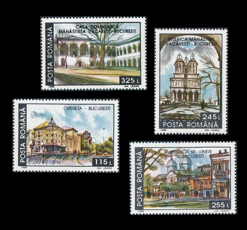 1994 Romania Postage Stamps / Historical Buildings Now Demolished / Cathedral, Opera House, Monastery, Church / Collage Fodder, Shadow Box image 7