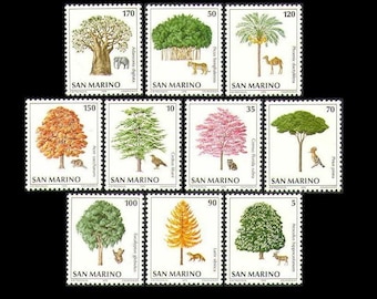 Protected Trees and Animals on 1979 San Marino Postage Stamps / Falcon, Elephant, Tiger, Camel, Eagle / Baobab, Cedar, Palm, Lychee / MNH