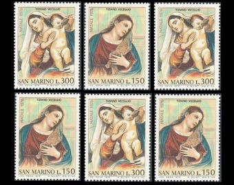 Obrazy Tycjana przedstawiające Madonnę z Dzieciątkiem, 1976, znaczki pocztowe / zabytkowe San Marino / włoskie papierowe efemerydy / materiały na kartki świąteczne