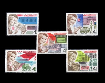 History of the Postal Service on Large Vintage USSR Postage Stamps / 1977 Illustrations / Mail Delivery, Zip Codes, Post Office Sorting