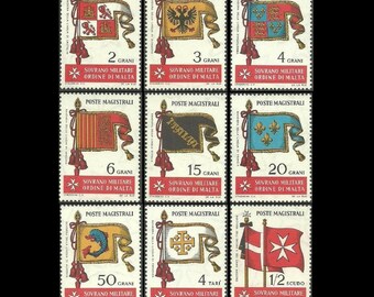 Drapeaux de l'Ordre de Malte / Timbres-poste vintage 1967 / Bannières militaires / Embellissement de courrier indésirable, série de cartes à collectionner d'artistes, ACEO