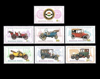 Antique Cars Postage Stamps 1975 Hungary / Vintage Automobiles, Model T / Visual and Junk Journal Decoration, Gift Wrap Embellishment