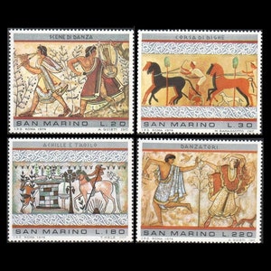 May include: Four vintage postage stamps from San Marino depicting scenes of dancing, chariot racing, and a scene from the Trojan War. The stamps are printed in shades of red, brown, yellow, and green.