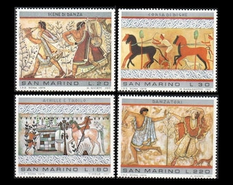 Grandes sellos postales de arte etrusco, 1974 San Marino / Efímeros de historia antigua, collage histórico, diario de arte italiano, coleccionable