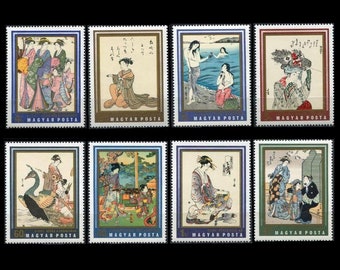 Peintures japonaises traditionnelles sur grand millésime 1971, Hongrie, timbres-poste/fabrication de cartes, collage, décoration d'intérieur, découpage asiatique, ATC