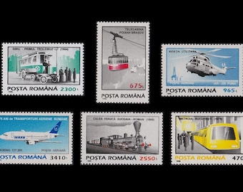 Transportation Images on 1995 Romania Postage Stamps / Helicopter, Cable Car, Subway, Train, Airplane, Trolley Bus / Holiday Travel Journal