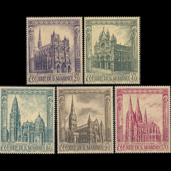 Large Vintage Postage Stamps / 1967 San Marino Gothic Cathedrals / Famous European Architecture / Exquisite Illustrations for Arts + Crafts