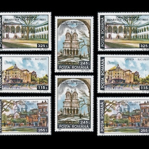 1994 Romania Postage Stamps / Historical Buildings Now Demolished / Cathedral, Opera House, Monastery, Church / Collage Fodder, Shadow Box image 1