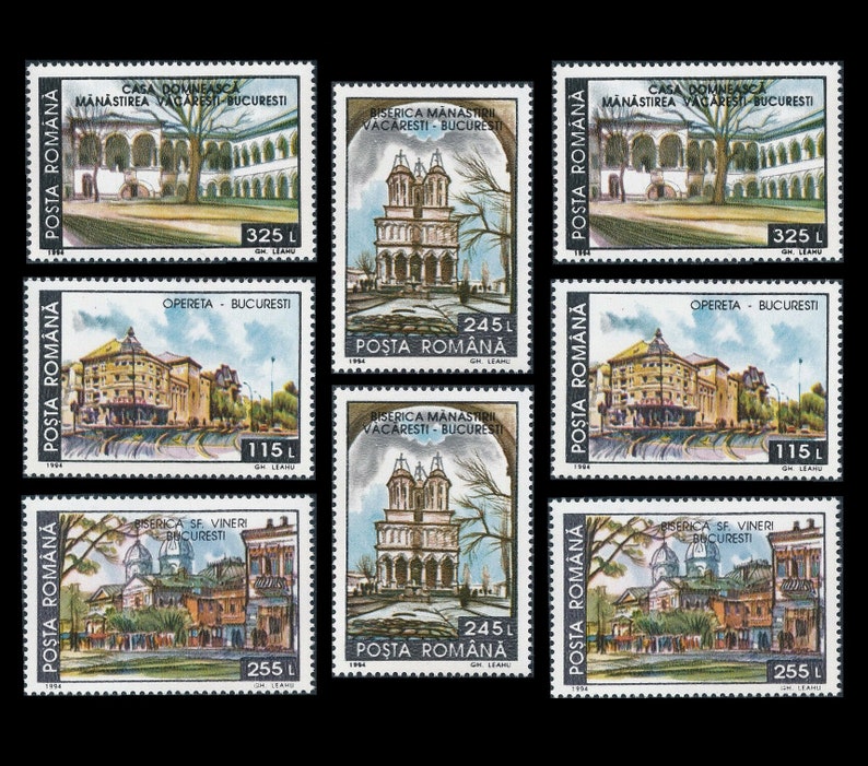 1994 Romania Postage Stamps / Historical Buildings Now Demolished / Cathedral, Opera House, Monastery, Church / Collage Fodder, Shadow Box image 1