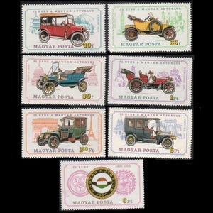 May include: A set of six vintage Hungarian postage stamps featuring different classic cars. The stamps are from 1975 and commemorate the 75th anniversary of the Hungarian Automobile Club. The stamps feature the text "75 ÉVES A MAGYAR AUTOKLUB" and "MAGYAR POSTA" along with the denomination in Forints.