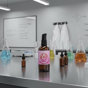 Op de afbeelding: Een laboratorium met diverse wetenschappelijke apparatuur, waaronder bekers, kolven en reageerbuizen. Verschillende bruine flessen met zwarte pompen en druppelaars staan op een roestvrijstalen tafel. Een grote fles heeft een roze etiket.