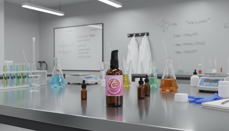 Op de afbeelding: Een laboratorium met diverse wetenschappelijke apparatuur, waaronder bekers, kolven en reageerbuizen. Verschillende bruine flessen met zwarte pompen en druppelaars staan op een roestvrijstalen tafel. Een grote fles heeft een roze etiket.