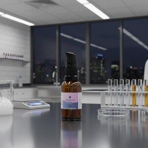Op de afbeelding: Een bruine fles met een zwarte pompdosator en een label met de tekst "GLOW UP LAB" staat op een laboratoriumtafel. De laboratoriumomgeving omvat bekers, reageerbuizen en een wetenschapper op de achtergrond. De achtergrond toont een skyline.