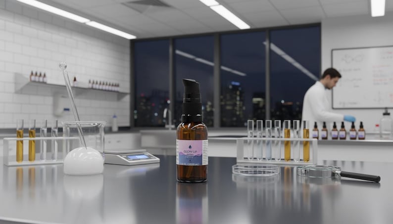 Op de afbeelding: Een bruine fles met een zwarte pompdosator en een label met de tekst "GLOW UP LAB" staat op een laboratoriumtafel. De laboratoriumomgeving omvat bekers, reageerbuizen en een wetenschapper op de achtergrond. De achtergrond toont een skyline.