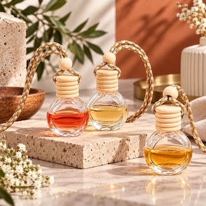 Puede incluir: Tres frascos de vidrio pequeños y redondos llenos de líquido de colores, cada uno con una tapa de madera clara y un cordón trenzado. Los líquidos en el interior son rojo, amarillo claro y amarillo dorado. Cada frasco tiene una cuenta de madera.