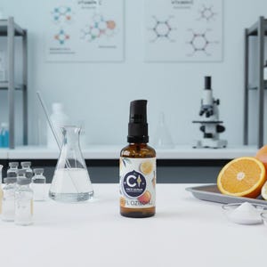 Op de afbeelding: Een bruine glazen fles met een zwarte pompdosering, met het opschrift "C Face Repair", staat op een wit oppervlak. Gesneden citrusvruchten, waaronder sinaasappels, citroenen en grapefruit, zijn in de buurt op een dienblad gerangschikt.