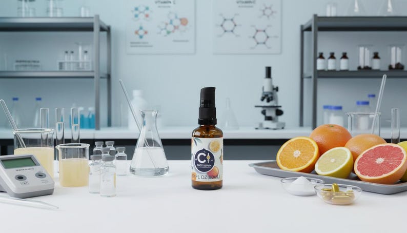 Op de afbeelding: Een bruine glazen fles met een zwarte pompdosering, met het opschrift "C Face Repair", staat op een wit oppervlak. Gesneden citrusvruchten, waaronder sinaasappels, citroenen en grapefruit, zijn in de buurt op een dienblad gerangschikt.