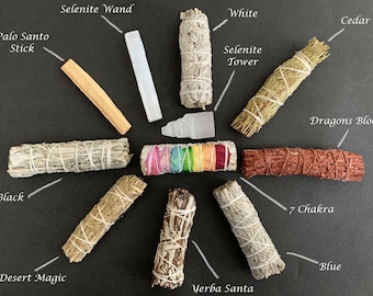 Smudge-stokje, toverstokje salie, toverstokje woestijnsalie, blauwe salie en toverstaf witte salie beschikbaar