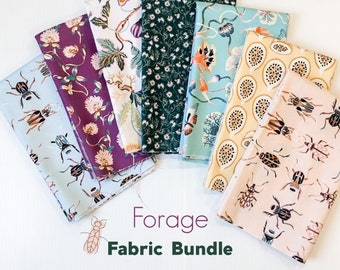 May include: A collection of folded fabric bundles with various floral and insect patterns. The fabrics feature colors like light blue, purple, green, and peach. The text "Forage Fabric Bundle" is displayed at the bottom.