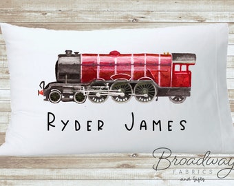 Vintage Train personalized boys pillowcase - red green blue custom pillowcase for boys room