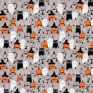 May include: A repeating pattern with Halloween illustrations. The design includes grey pumpkins, orange jack-o'-lanterns, black cats, and white ghosts. Some pumpkins wear witch hats. The colour palette is muted with pops of orange.