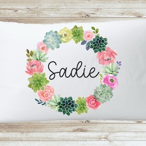 Personalized Succulent Floral Wreath Pillowcase - Teenage Girl, Custom Girl Pillowcase