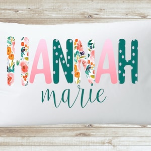 Personalized Girl Pillow Case, Custom Name Flower Child Pillow, Custom Name Pink Pillowcase, Baby Shower Gift