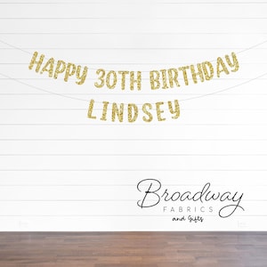 Custom Happy 30th Birthday Banner Personalized Gold Glitter Banner - 2 Line Banner