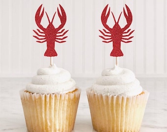 Crawfish Shape Cupcake toppers (Glitter), Birthday Decorations Party Favors (17 COLORS AVAILABLE) Multiple Shape Options Available