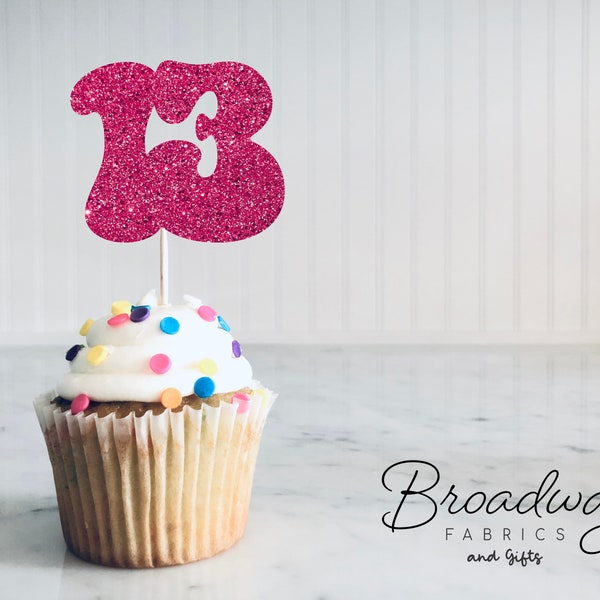 13th Birthday Glitter Retro Cupcake toppers -Thirteen Birthday Decorations Party Favors (17 COLORS AVAILABLE) Any Age Number cupcake topper