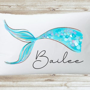 Baby Blue Mermaid Tail with Name Personalized Pillow case, Custom Name Mermaid Pillowcase, Dance Recital Name Pillow