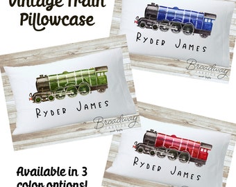 Vintage Train personalized boys pillowcase - red green blue custom pillowcase for boys room