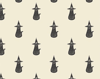 May include: A seamless pattern featuring black cats wearing witch hats on a light beige background.