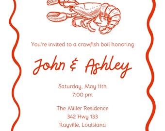 Puede incluir: Una invitación de boda roja y blanca con una ilustración de cangrejo de río. La invitación dice "Pinch Us. We're Engaged!" e incluye los nombres de la pareja, John & Ashley, la fecha y hora del evento, la ubicación y la información de RSVP.