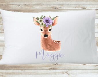 Woodland Animal Pillow case, Deer Pillow case, Personalized Woodland Animals Name Pillow, Custom Name Fawn Deer Nursery Room Gift