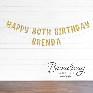 Custom Happy 80th Birthday Banner Personalized Gold Glitter Banner - 2 Line Banner