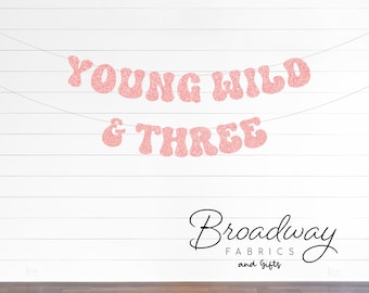 Young Wild & Three Birthday Banner - Retro 3rd Birthday Party Glitter Banner - Retro Birthday Party