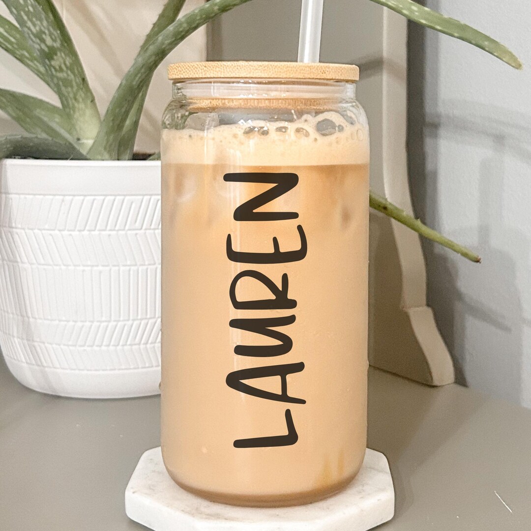 Iced Coffee Glass Cup With Personalized Bamboo Lid - Etsy