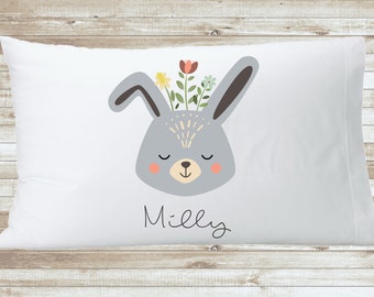 Woodland Bunny Personalized Pillowcase, Floral Bunny Woodland Pillowcase, Customized Floral Woodland Animal Pillow