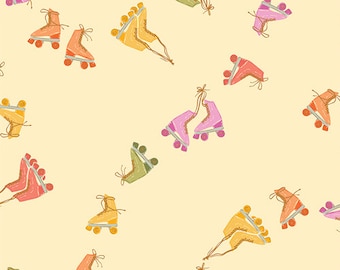 May include: A seamless pattern featuring colourful roller skates on a light yellow background. The skates are in various colours, including pink, orange, yellow, green, and blue. The pattern is perfect for adding a retro touch to any project.