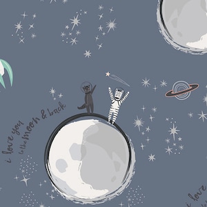 May include: A blue background with a black cat and a zebra wearing astronaut suits standing on a white moon. The moon has a crater and the text "I love you to the moon & back" is written on the left side of the moon. There are white stars and a white ring planet in the background.