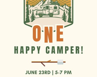 Redigerbar inbjudan till retro födelsedagsfest med glad campare - digital nedladdning av campingtema för barnfester