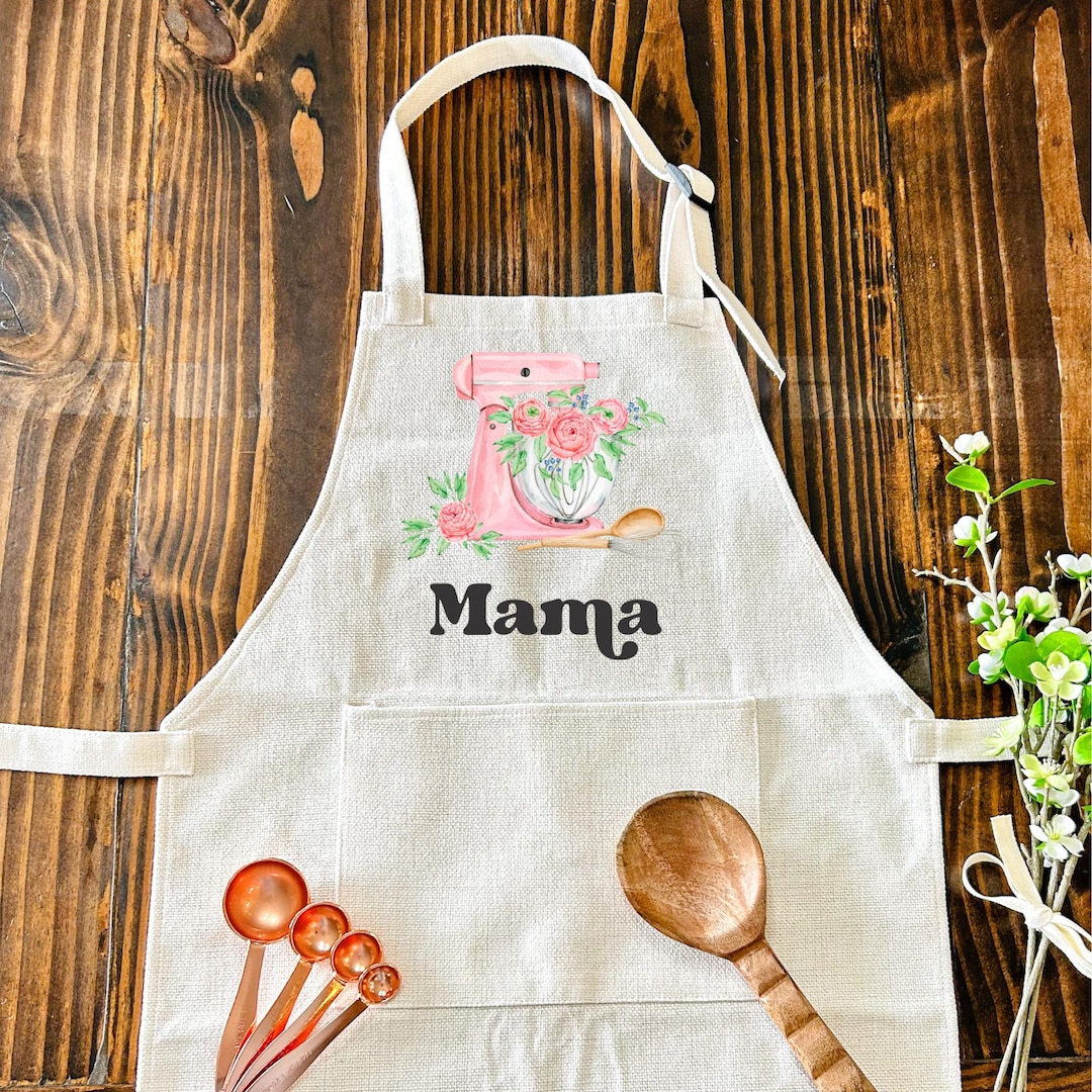 Pink Mixer With Flowers Custom Name Linen Style Kitchen Apron
