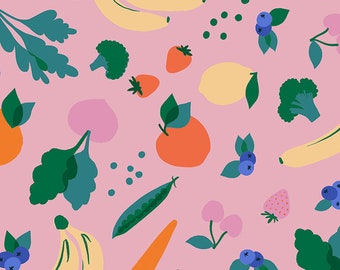 Tecido de frutas e vegetais com lavanda rosa, coleção Food Group, vendido por metro
